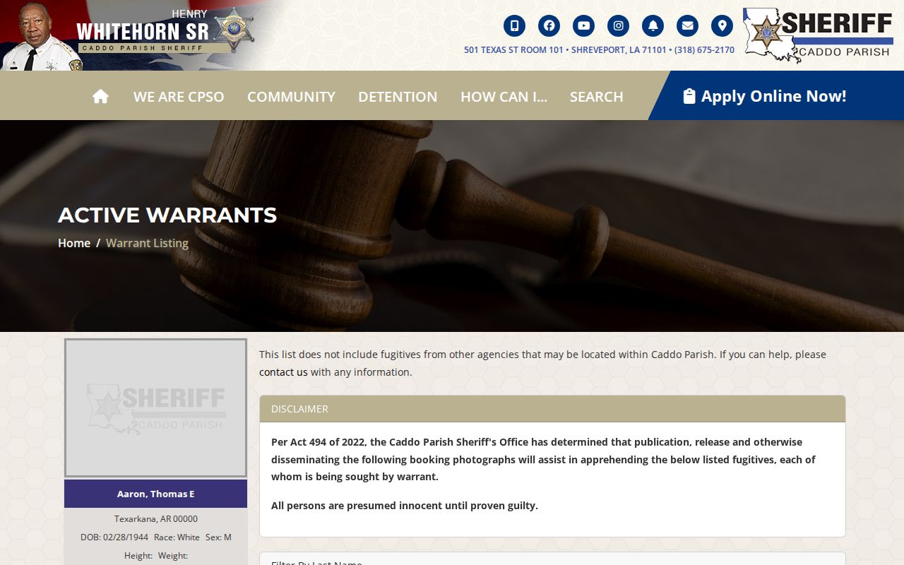 Caddo Parish sheriff most wanted warrant publication notice